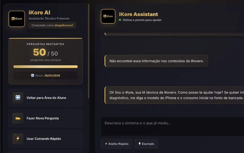 iKore AI, assistente de IA da plataforma, respondendo dúvidas técnicas